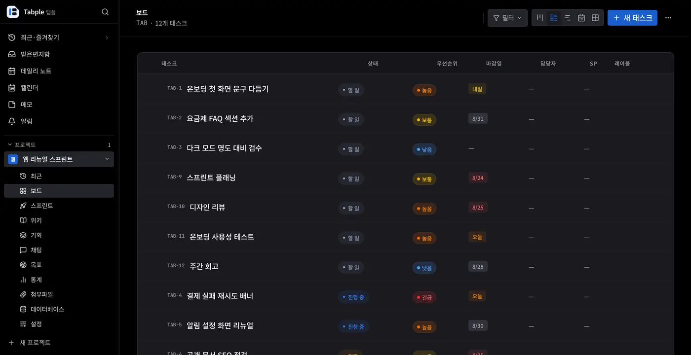 리스트 뷰. 행 왼쪽 체크박스로 여러 태스크를 고른 뒤 한 번에 상태·담당자·마감일을 바꿉니다.