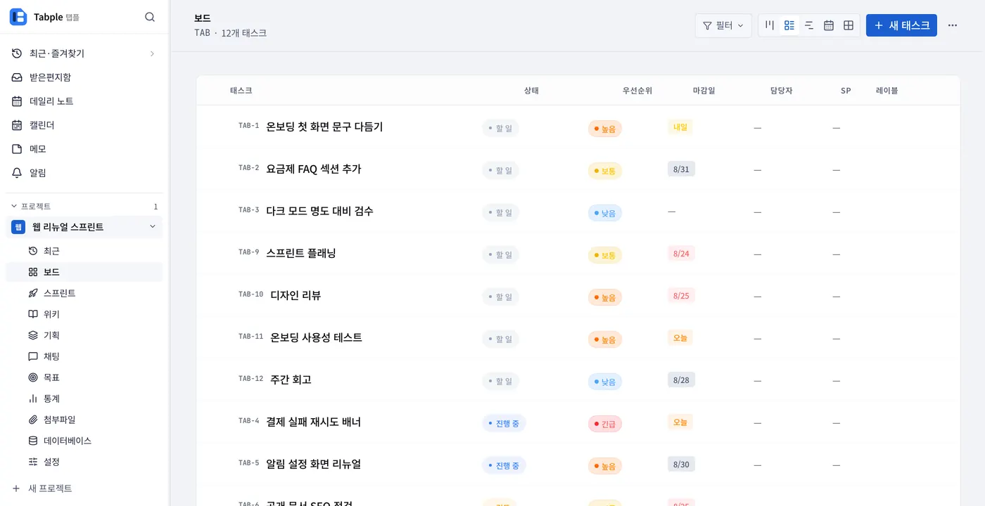 리스트 뷰. 행 왼쪽 체크박스로 여러 태스크를 고른 뒤 한 번에 상태·담당자·마감일을 바꿉니다.